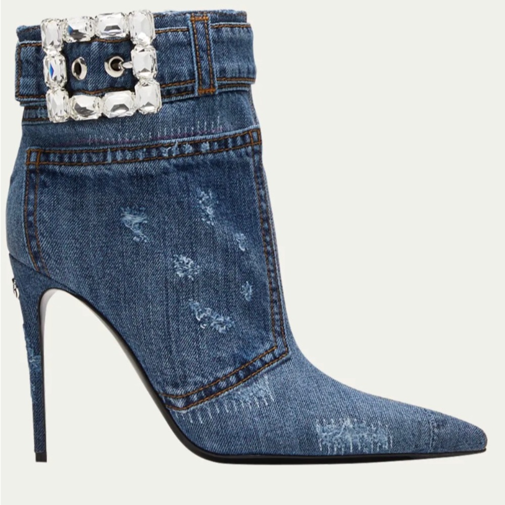 DOLCE&GABBANA
Worn Once! SS23 Denim Crystal-Buckle Stiletto Booties